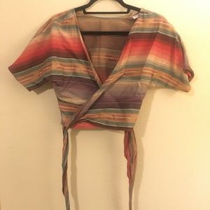 Cropped tie waist southwestern wrap shirt